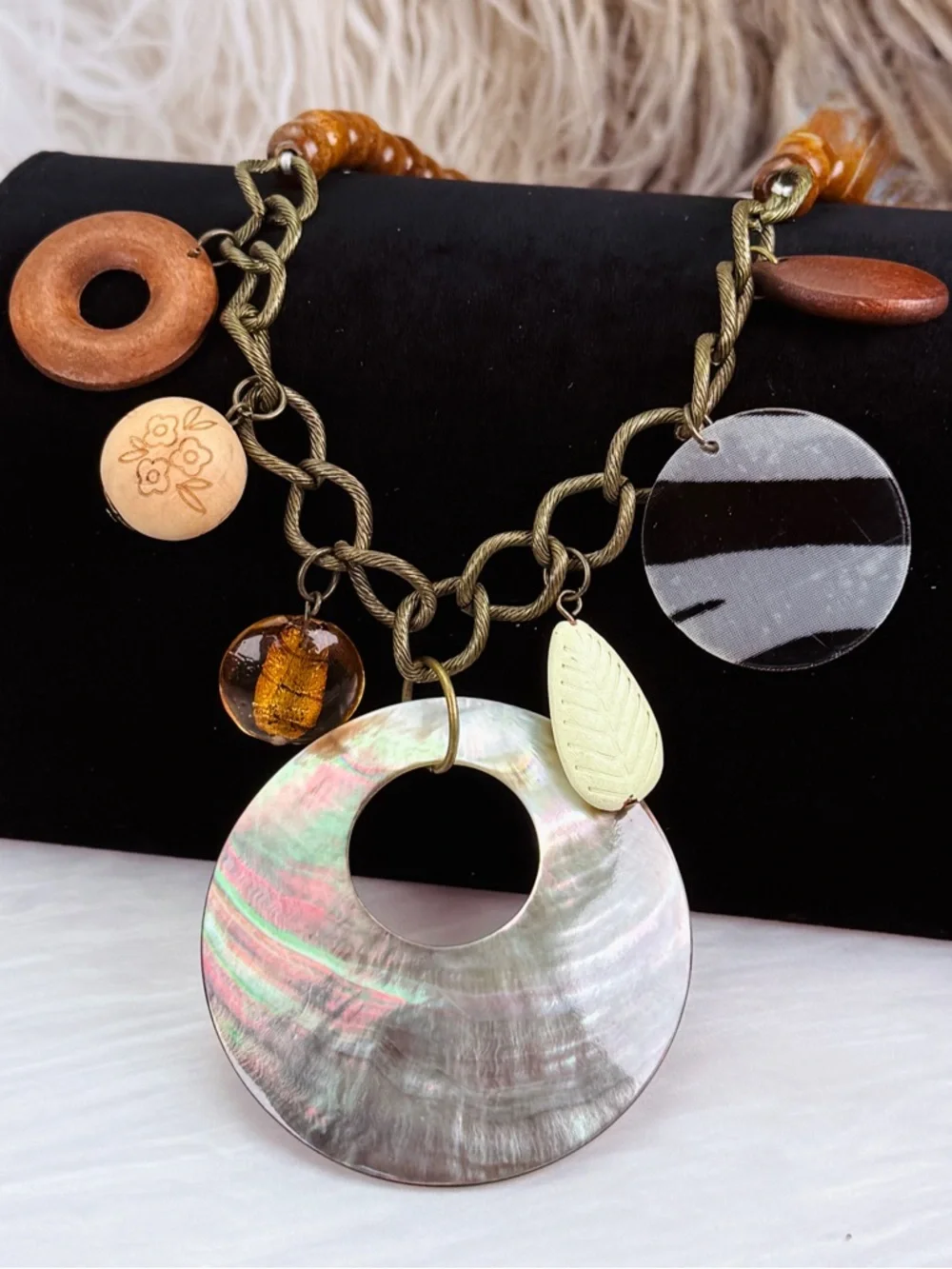 Vintage Bohemian tribal chic, shell pendant, charm, statement, necklace